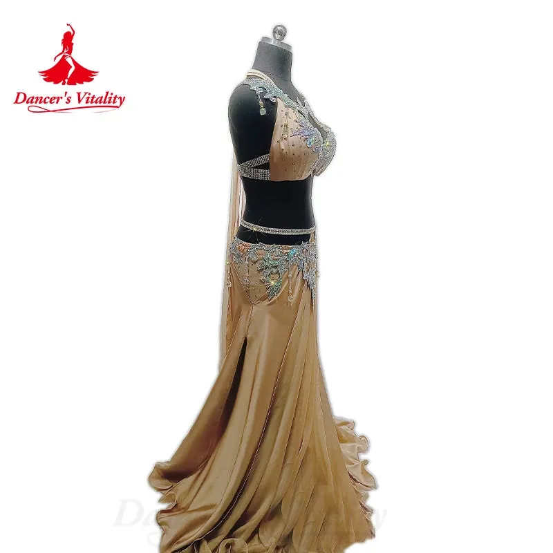 Belly Dance Performance Suit for Women Senior Stones Bra customized Chiffon Long Skirt 2pcs Oriental Dance High End Dance Skirt