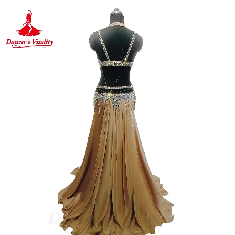 Belly Dance Performance Suit for Women Senior Stones Bra customized Chiffon Long Skirt 2pcs Oriental Dance High End Dance Skirt