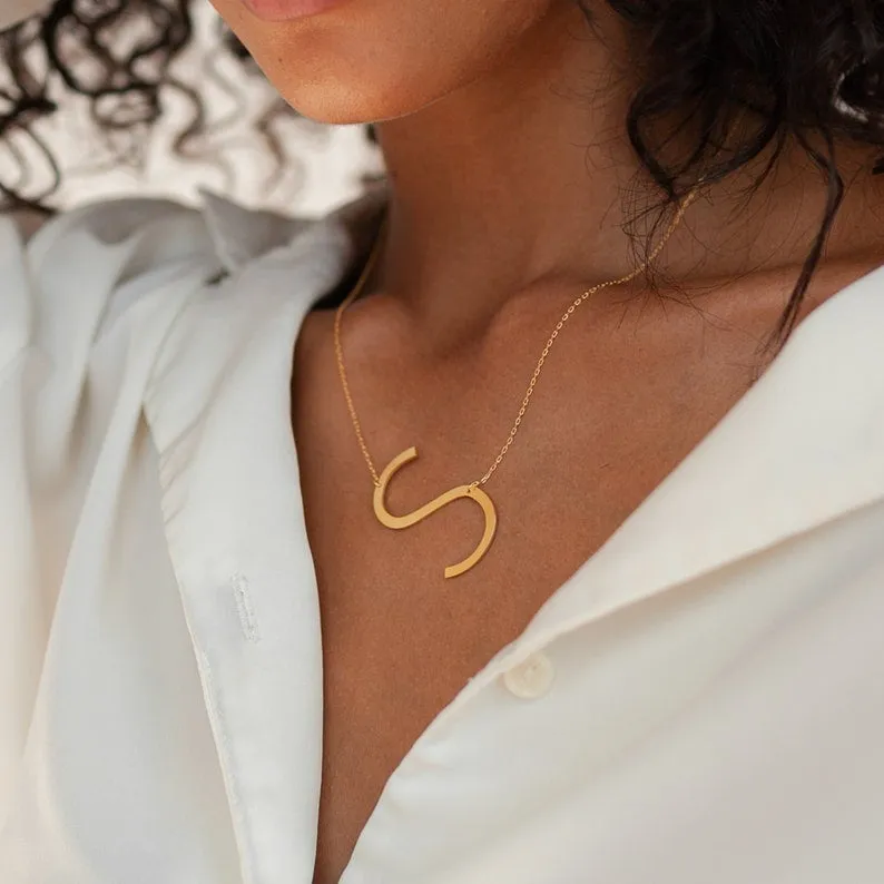 Big Letter Necklace  • Sideways Initial Necklace • Monogram Necklace • Bridesmaid Gifts