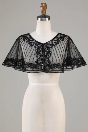 Black Beaded Glitter 1920s Cape for Women