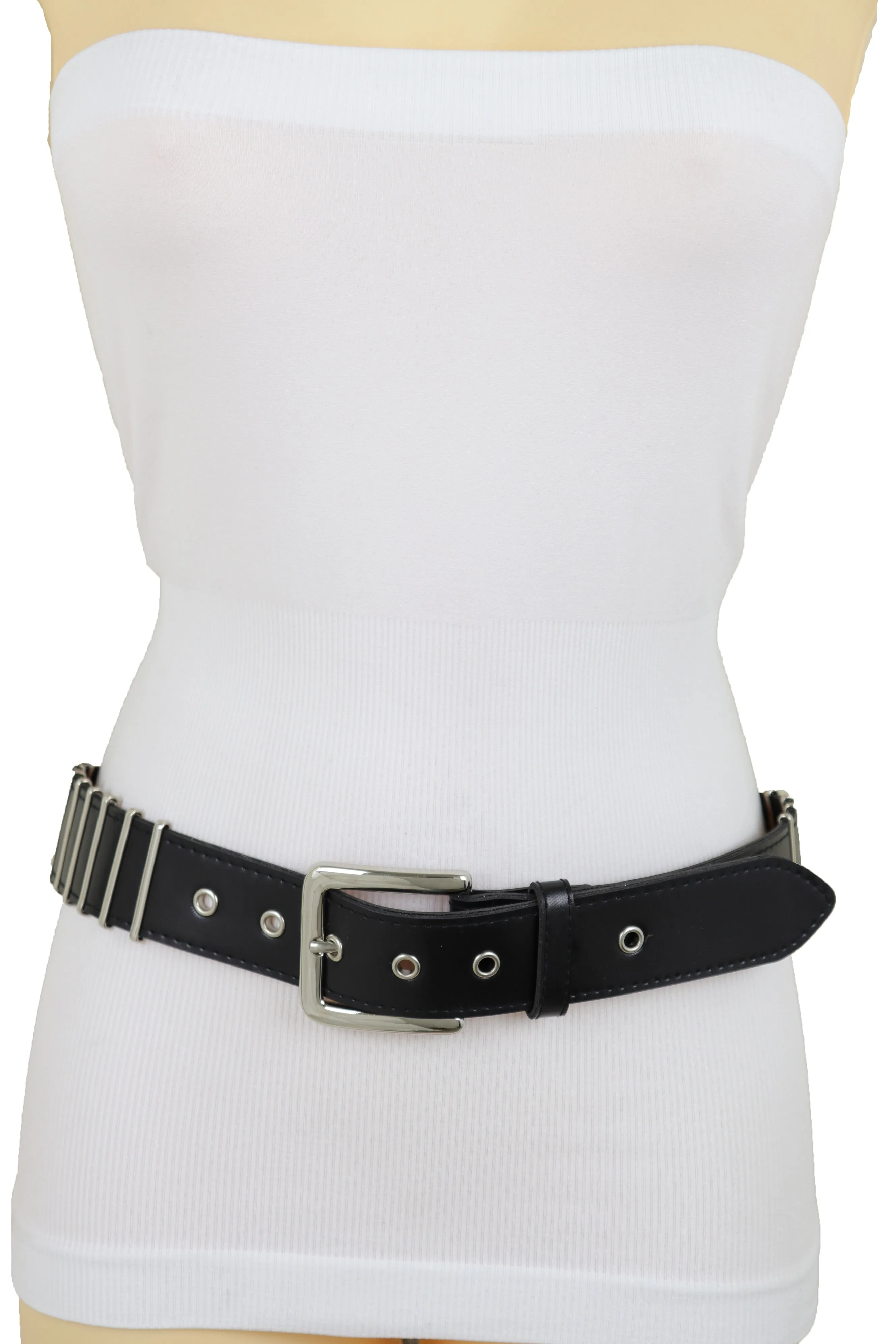 Black Faux Leather Biker Rocker Fashion Hip Belt Silver Metal Stripe Fit Size M