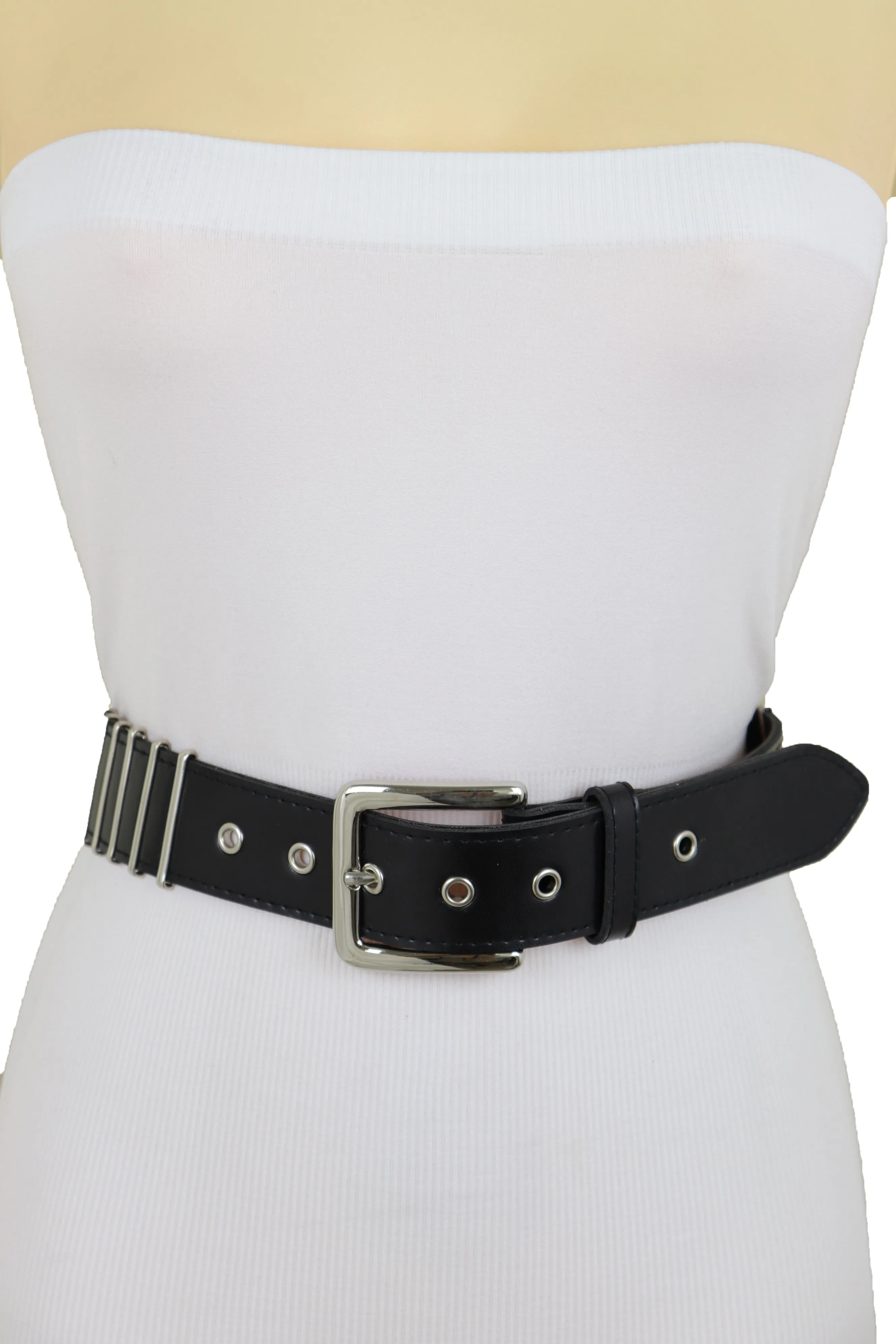 Black Faux Leather Biker Rocker Fashion Hip Belt Silver Metal Stripe Fit Size M