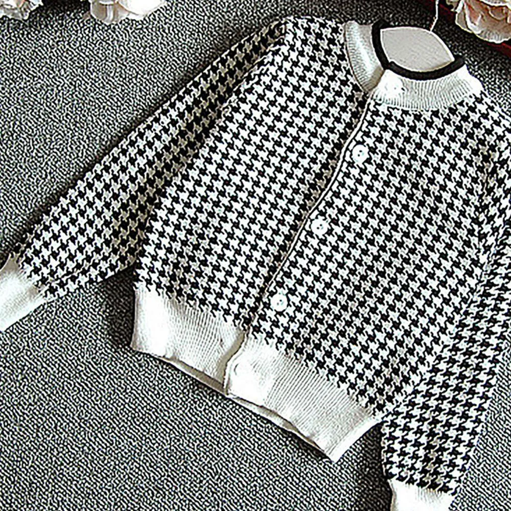 Black Houndstooth 2 pcs Cardigan & skirt Winterwear set for Girls