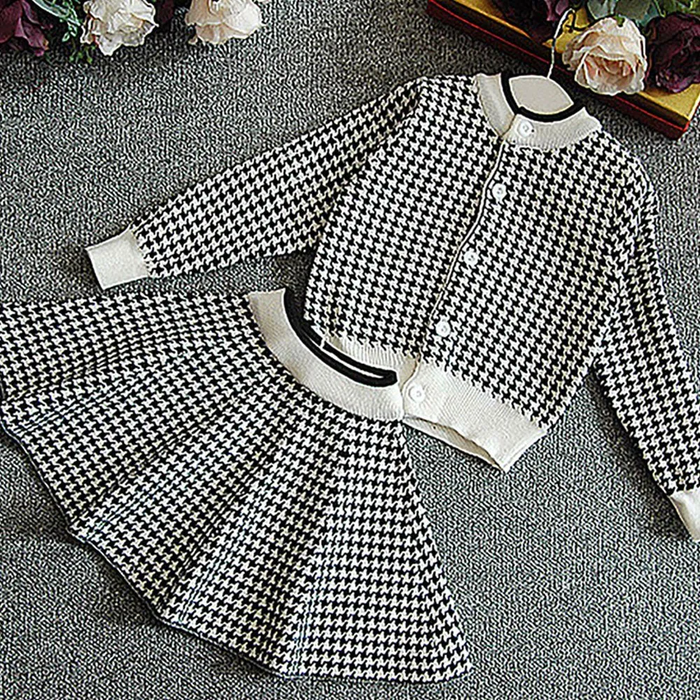 Black Houndstooth 2 pcs Cardigan & skirt Winterwear set for Girls