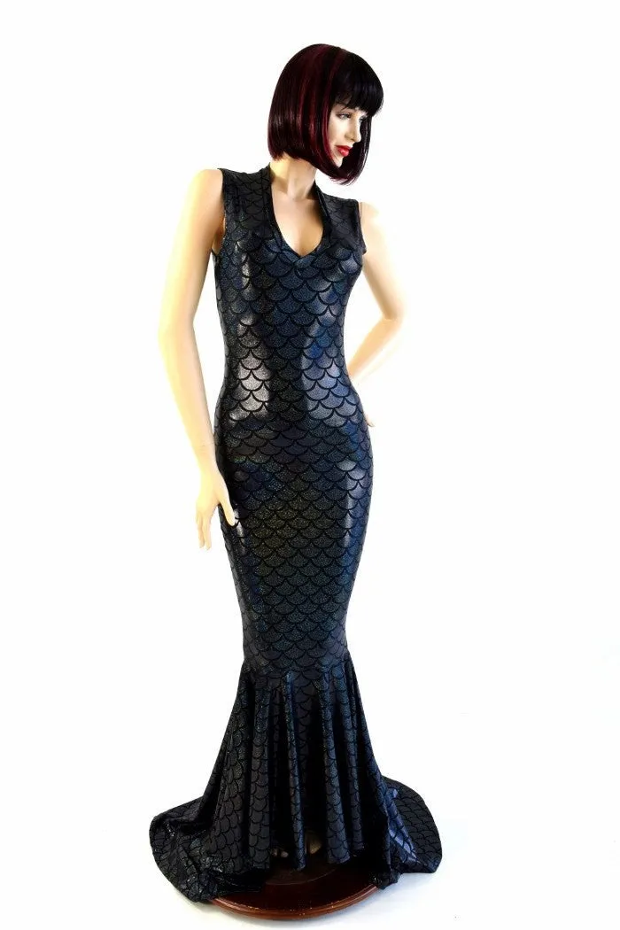 Black Mermaid V Neck Puddle Train Gown