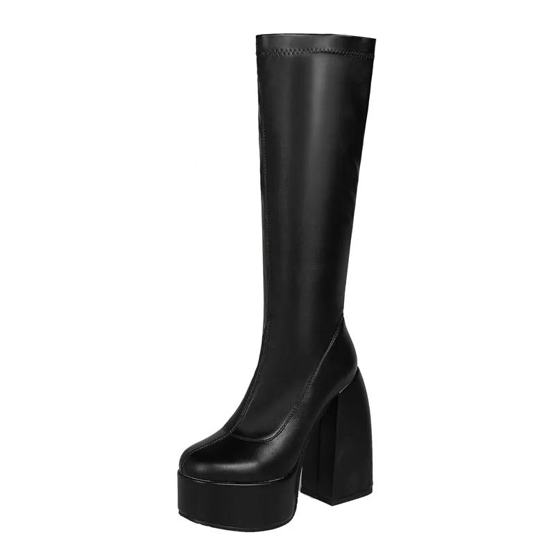 Black Thick Heels Elastic Micro Knee High Boots For Women Punk Style Autumn Winter Chunky Platform High Boots Party Shoes Ladies