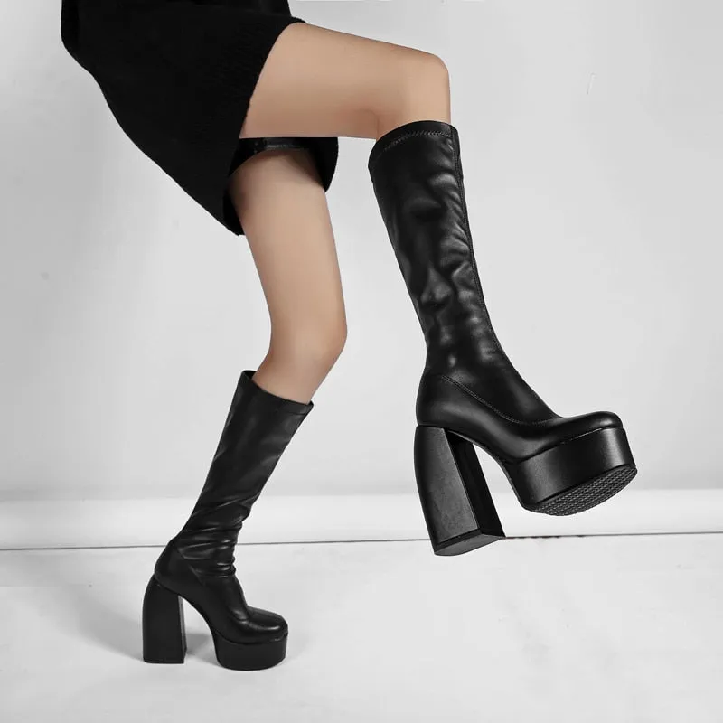 Black Thick Heels Elastic Micro Knee High Boots For Women Punk Style Autumn Winter Chunky Platform High Boots Party Shoes Ladies