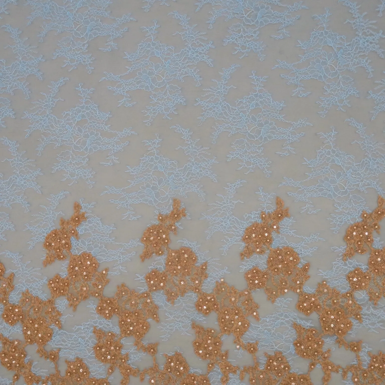 Blue Lace with Gold Pearls and Rhinestones Floral Design Embroidered Fabric