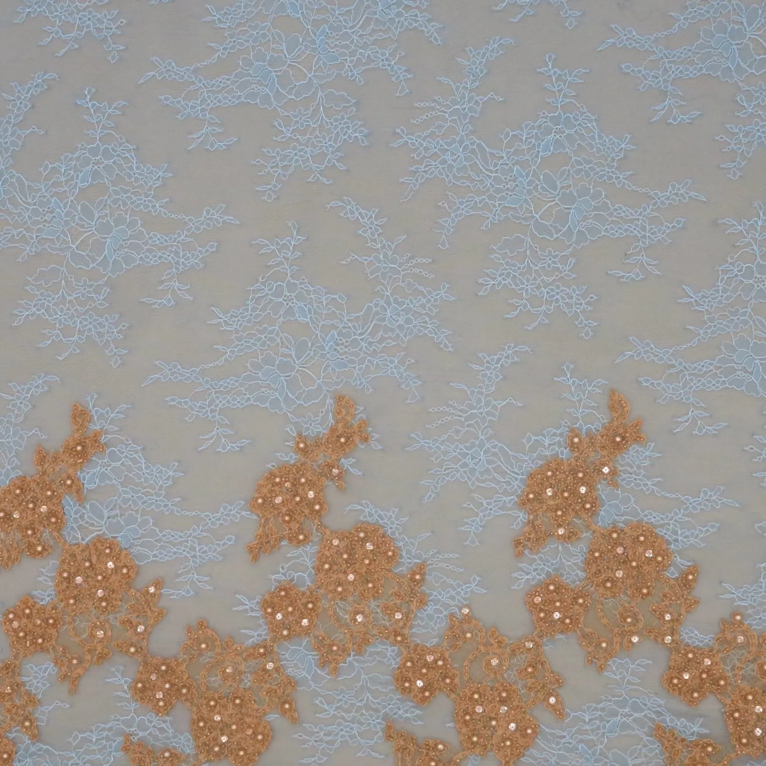 Blue Lace with Gold Pearls and Rhinestones Floral Design Embroidered Fabric