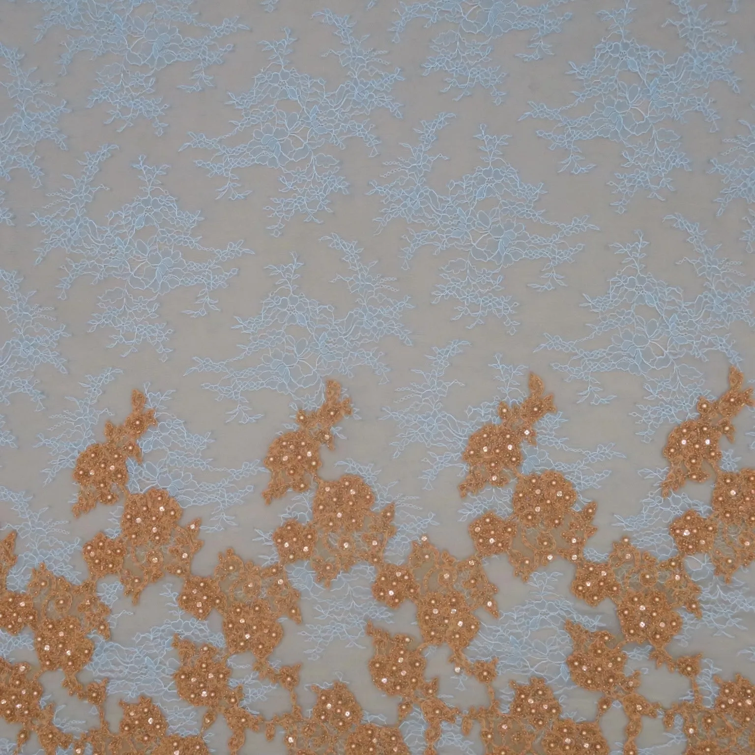 Blue Lace with Gold Pearls and Rhinestones Floral Design Embroidered Fabric