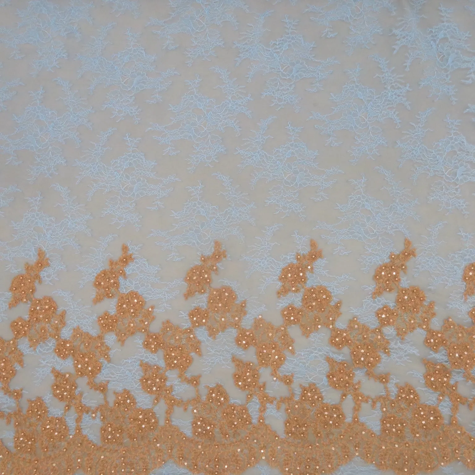 Blue Lace with Gold Pearls and Rhinestones Floral Design Embroidered Fabric