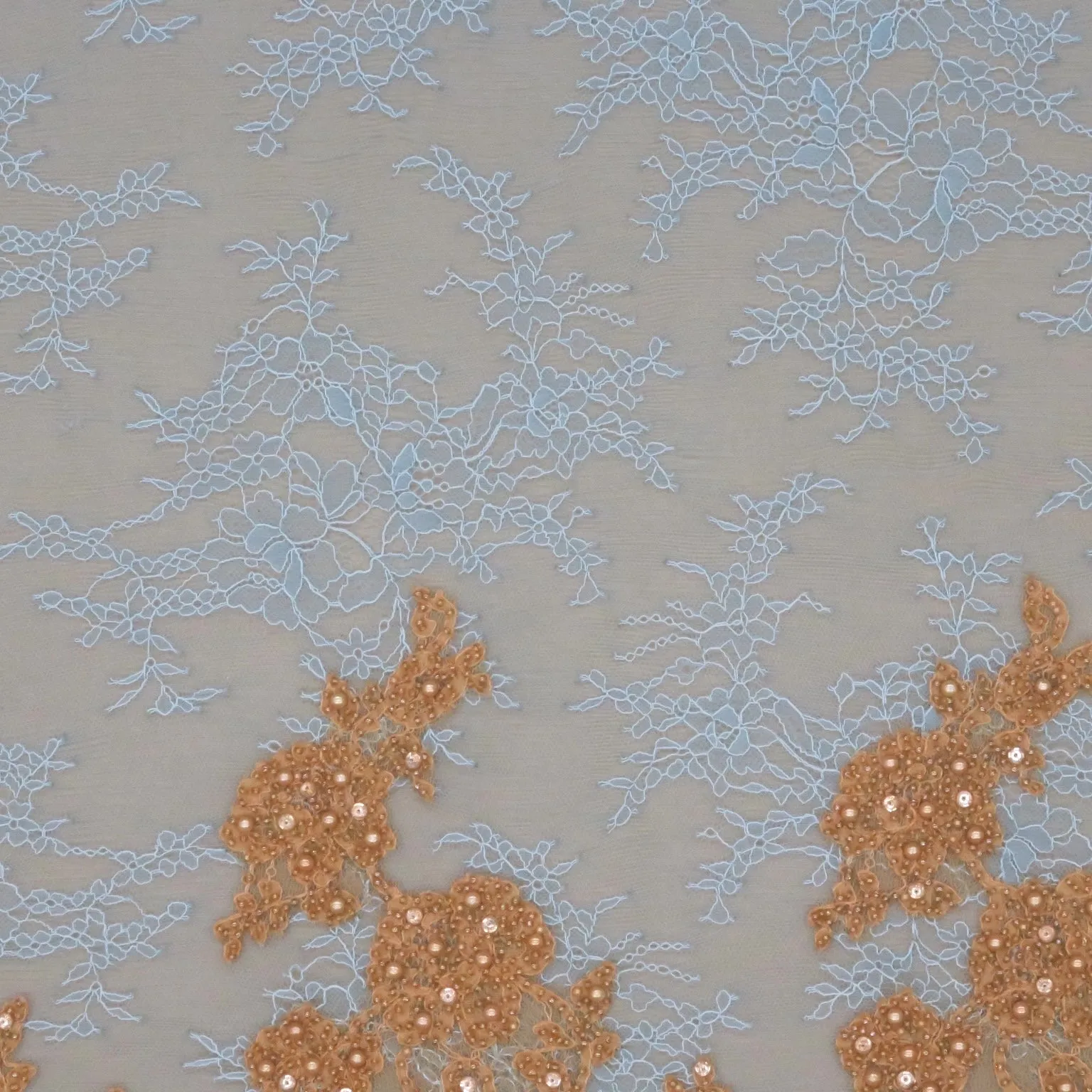 Blue Lace with Gold Pearls and Rhinestones Floral Design Embroidered Fabric