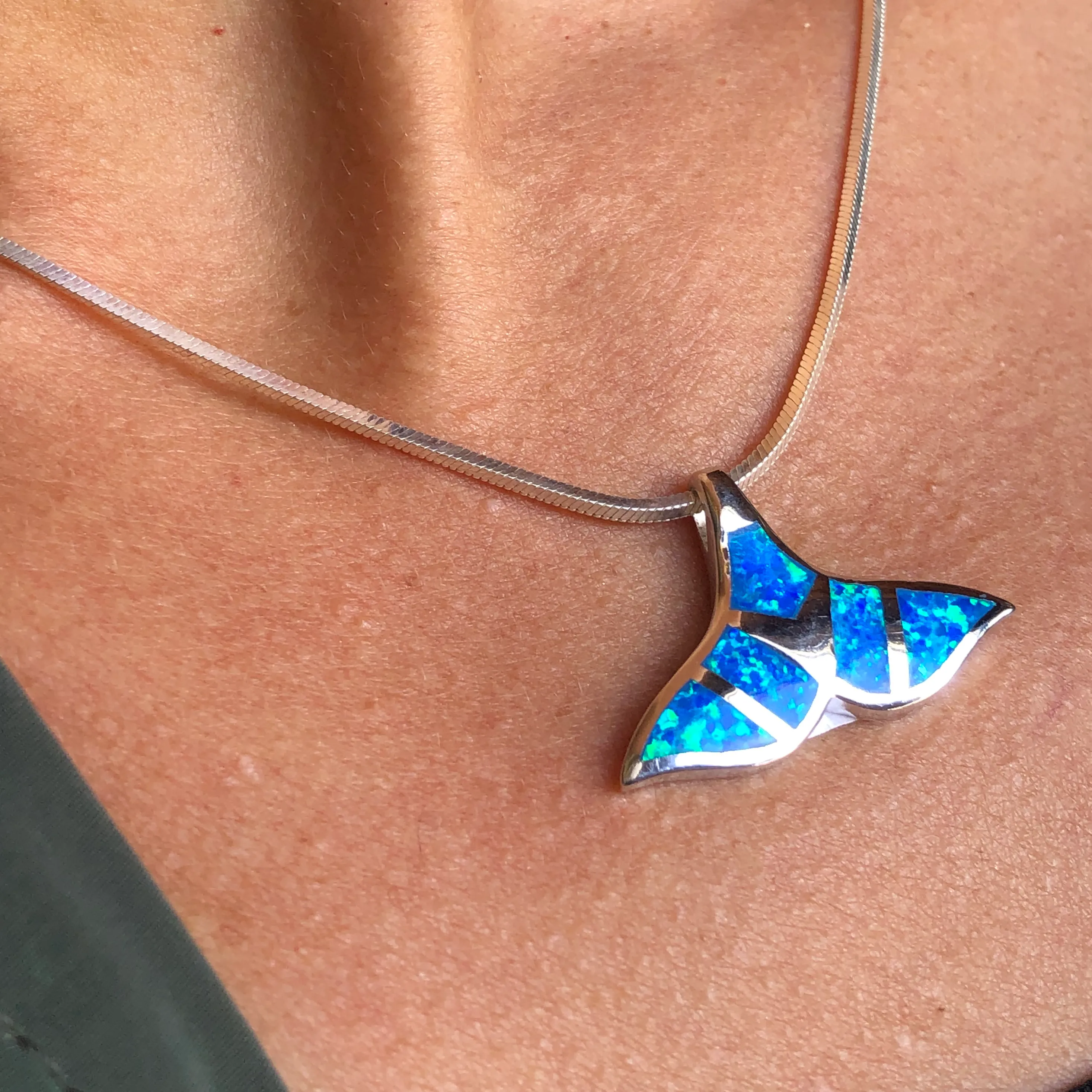 Blue Opal and Sterling Silver Whale Tale Pendant