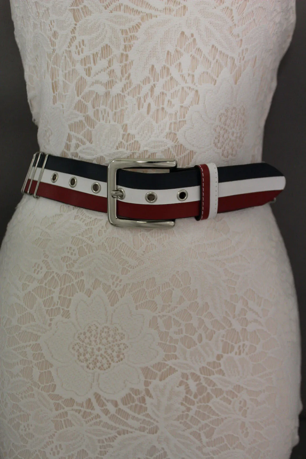 Blue Red White Faux Leather Hip Waist Belt America USA Flag S M