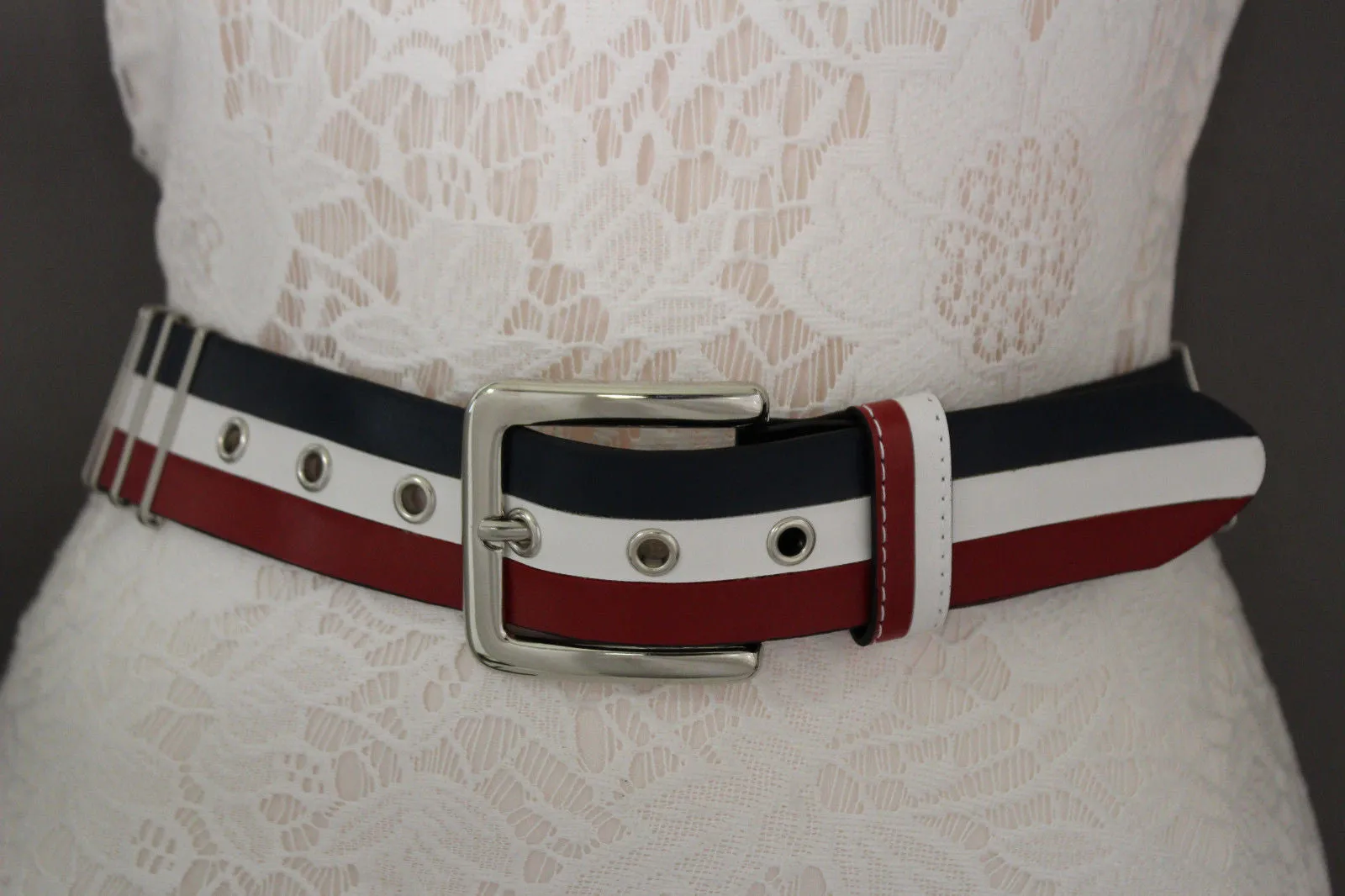 Blue Red White Faux Leather Hip Waist Belt America USA Flag S M