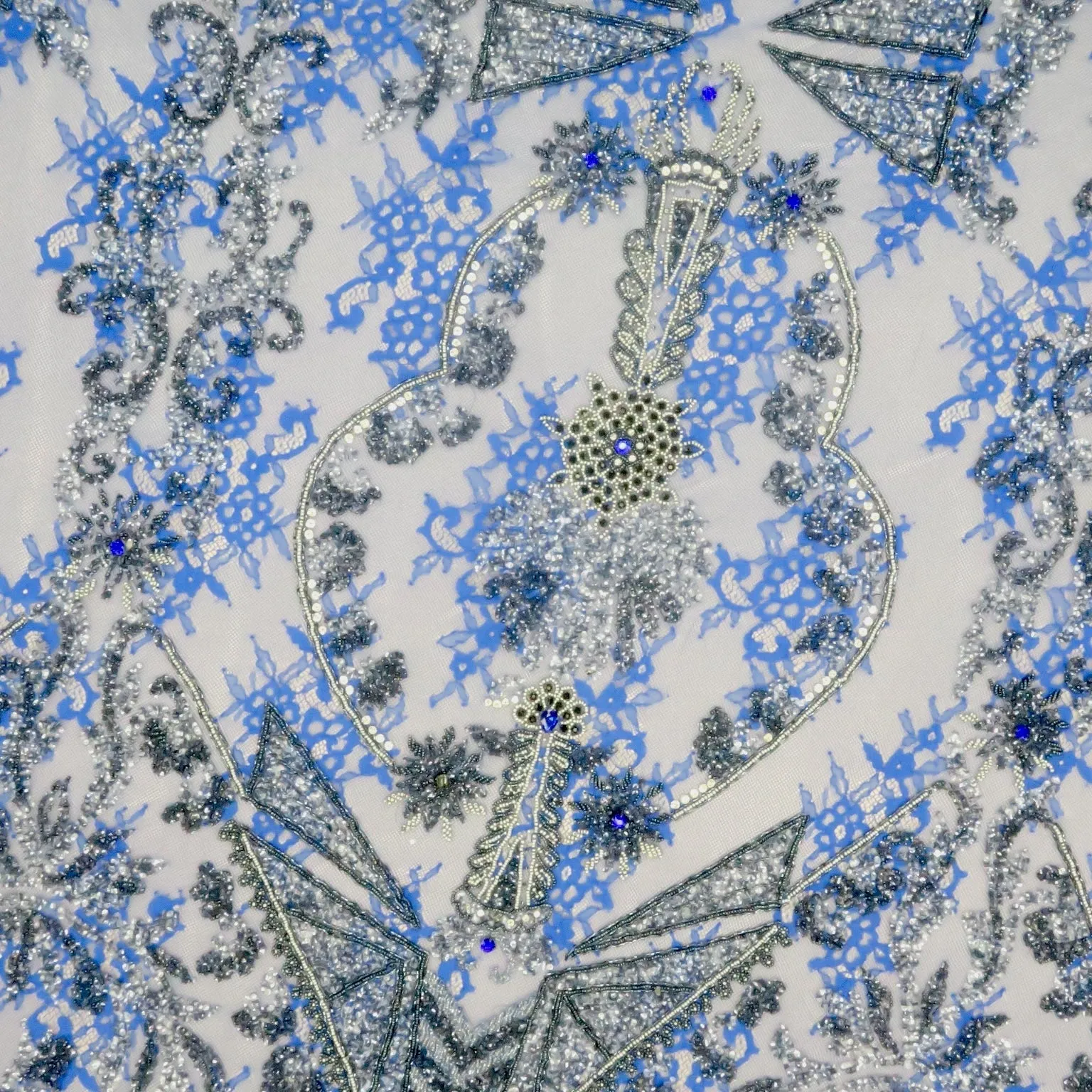 Blue Tulle With Blue and Black Floral Bugle Beads Sequin and Rhinestones Design Embroidered Fabric