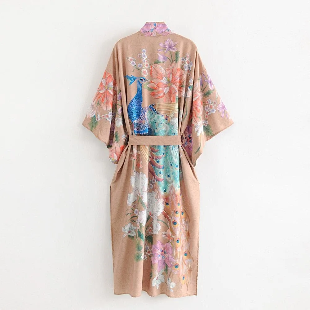 Bohemian Kimono, Vintage Peacock Floral Print  Women Bohemian V Neck Batwing Sleeves Boho Kimono, Robe Cover-up