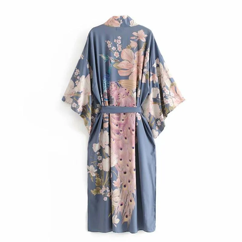 Bohemian Kimono, Vintage Peacock Floral Print Women bohemian V Neck batwing Sleeves Ladies boho Maxi Kimono robe bikini Cover-up