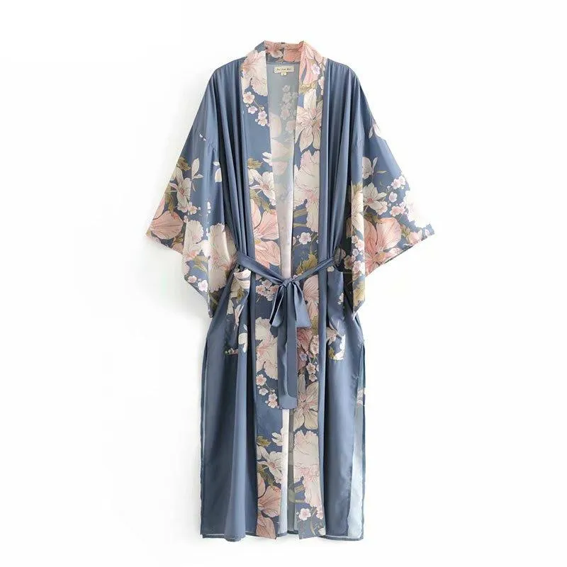 Bohemian Kimono, Vintage Peacock Floral Print Women bohemian V Neck batwing Sleeves Ladies boho Maxi Kimono robe bikini Cover-up