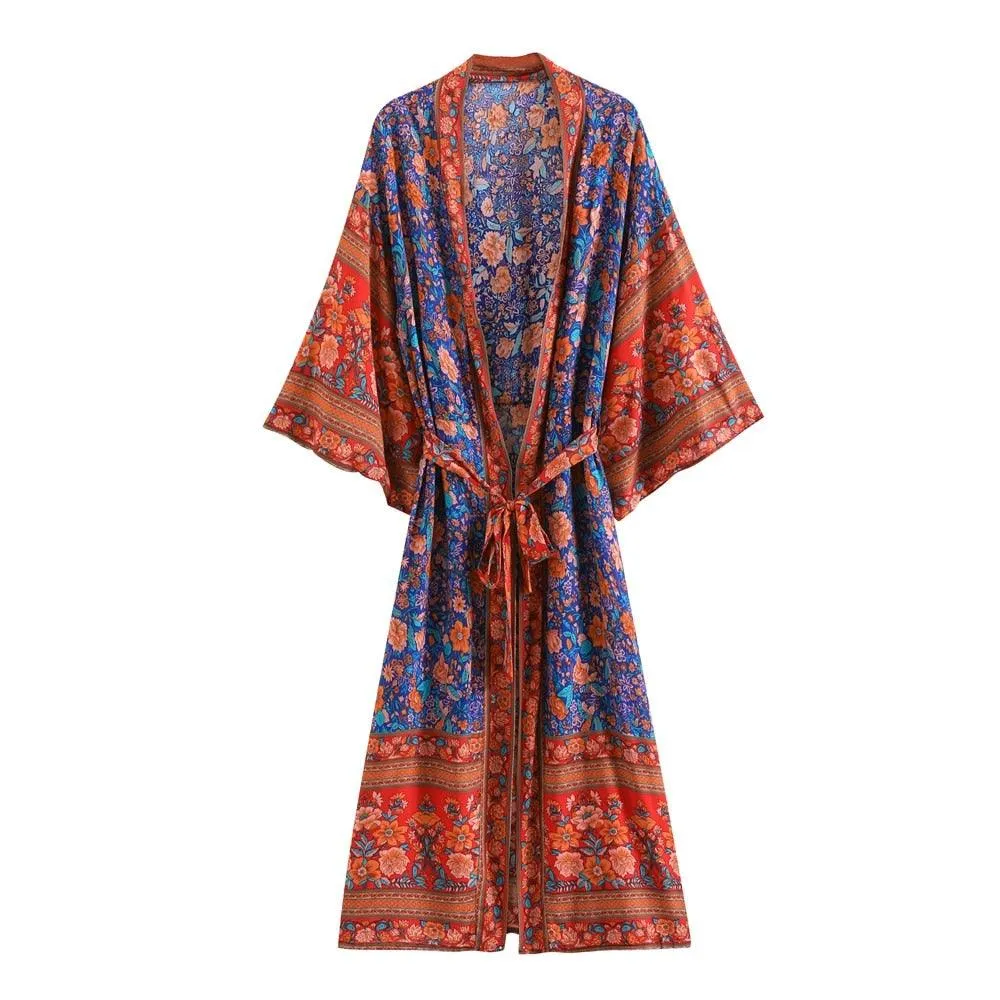 Bohemian Long Kimono, Floral Print Bat Sleeve Beach Bohemian Kimono Robe, Summer Dress Kimono, Boho Cover-Up