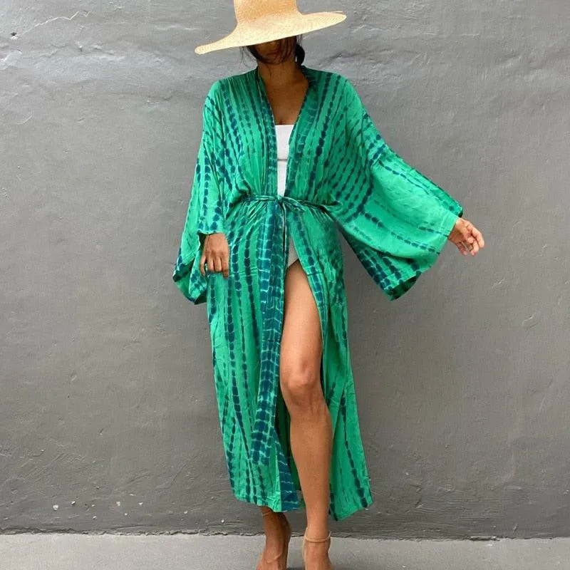 Bohemian striped Print V-neck batwing Sleeves Sashes Kimono, Kimono robe Ladies Boho Maxi Bikini Cover-up