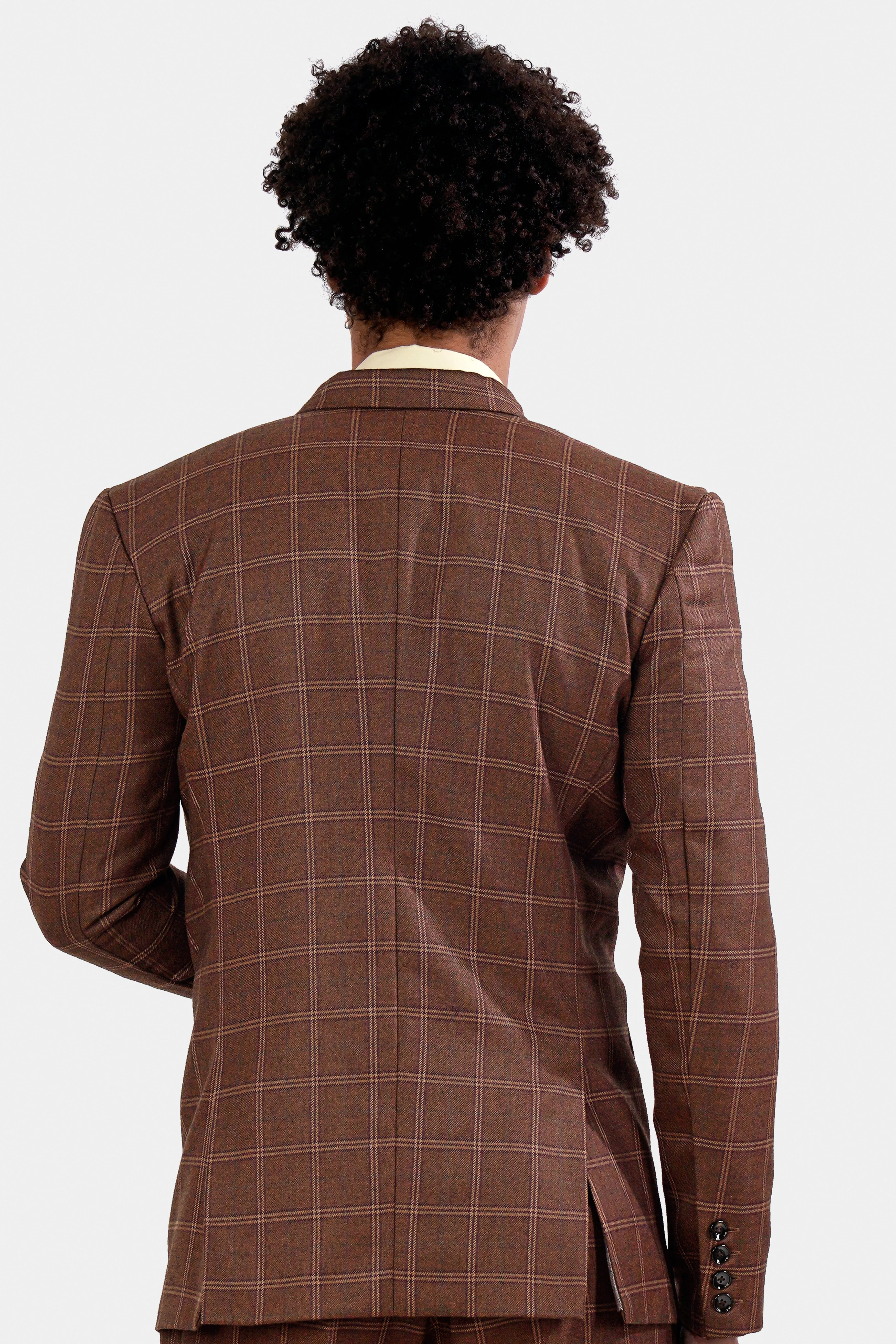 Bole Brown Windowpane Tweed Double Breasted Blazer