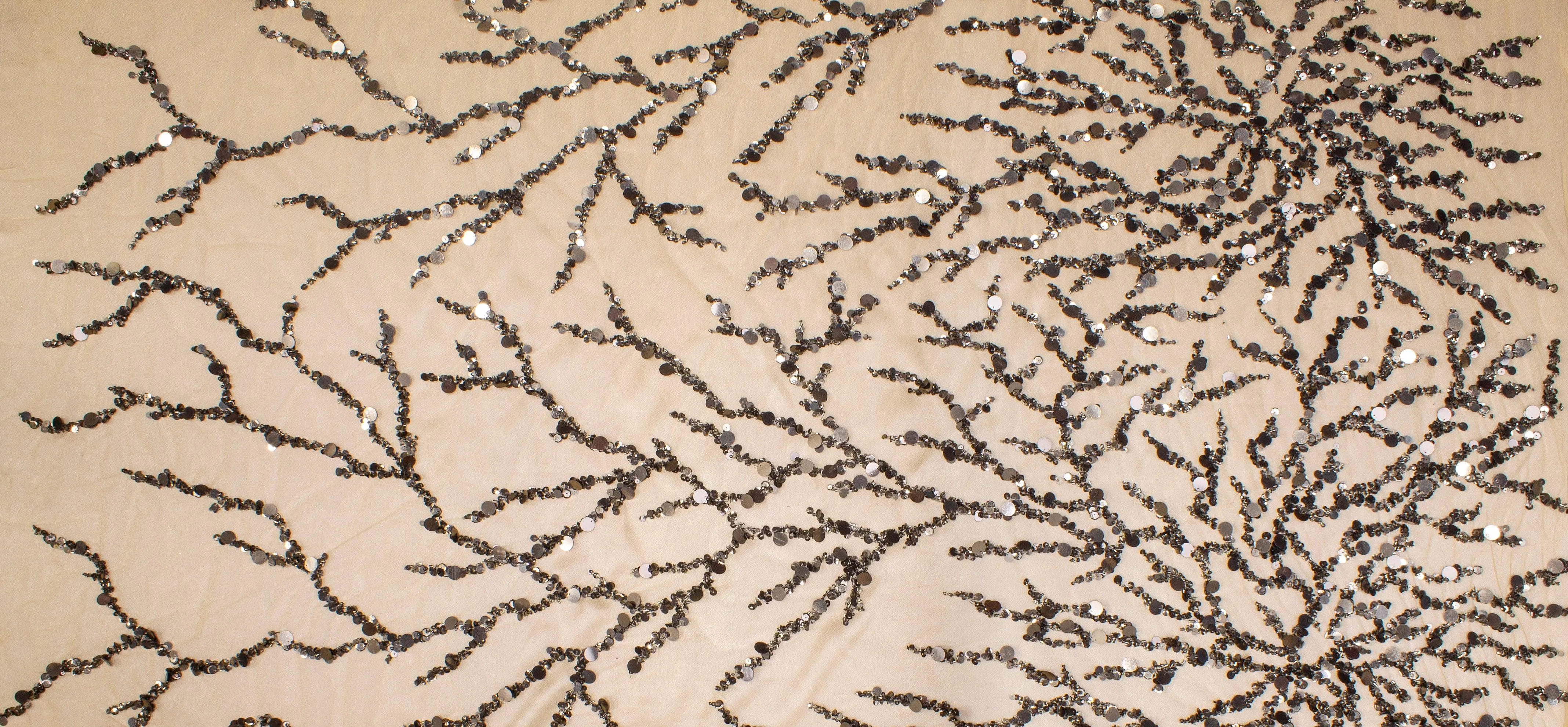 Branch Design Hand Beaded and Sequined Mesh - Charcoal Gray and Beige