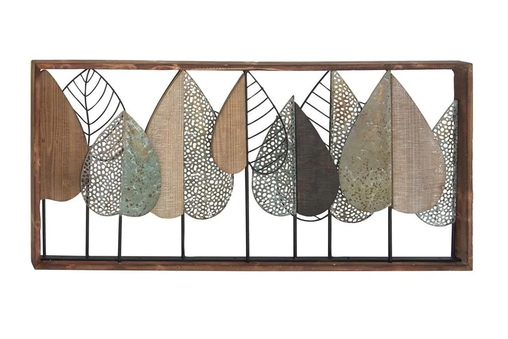 BROWN METAL LEAF VARYING TEXTURE WALL DECOR WITH WOOD FRAME,