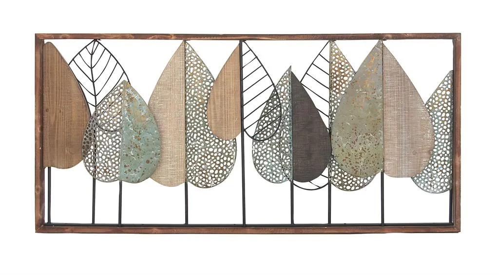 BROWN METAL LEAF VARYING TEXTURE WALL DECOR WITH WOOD FRAME,