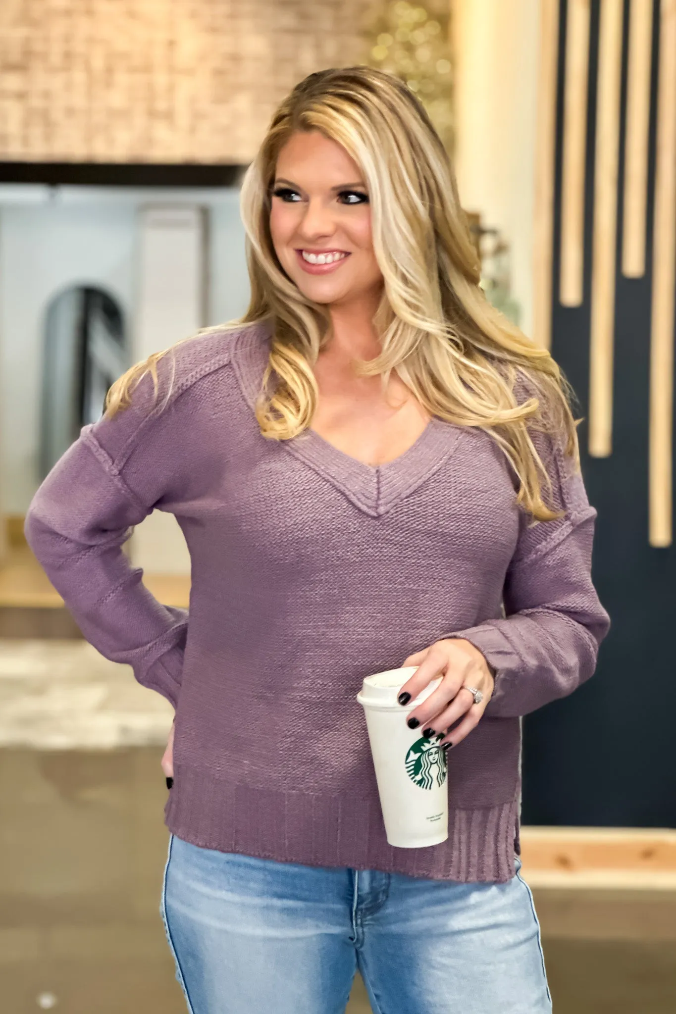 Casually Yours Exposed Seam V-Neck Sweater : Violet Grey