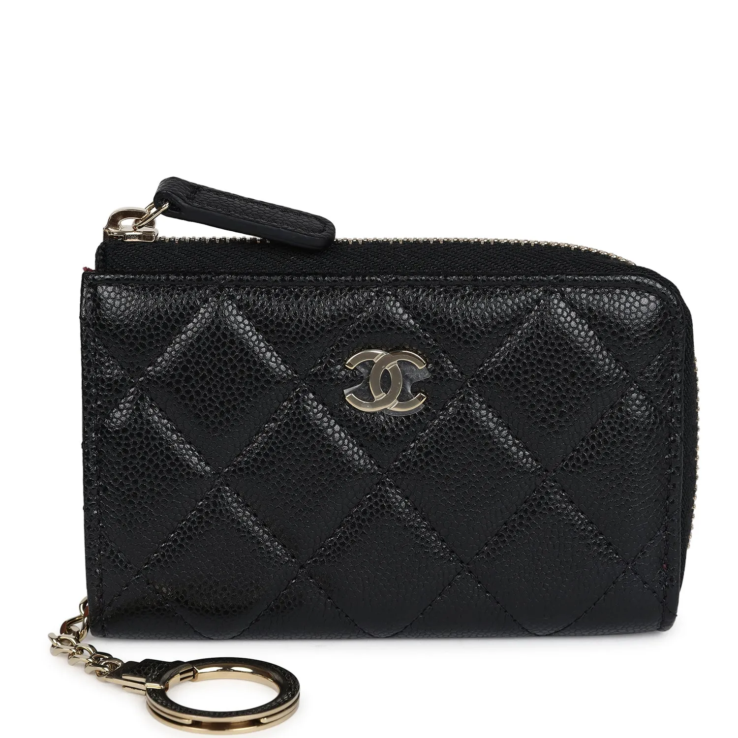 Chanel Classic Zipped Key Holder Case Black Caviar Light Gold Hardware