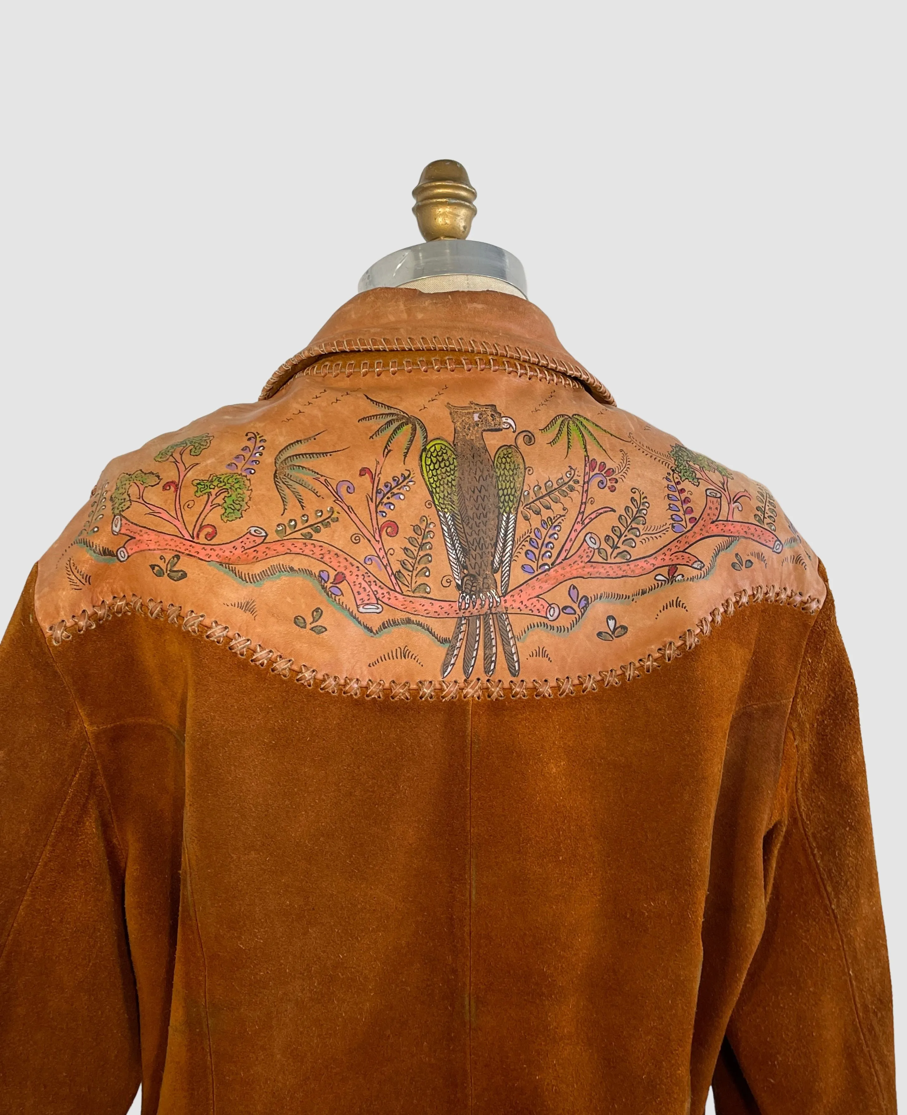 CHAR 70s Mens Hand Painted Golden Eagle Leather & Suede Jacket, X Large