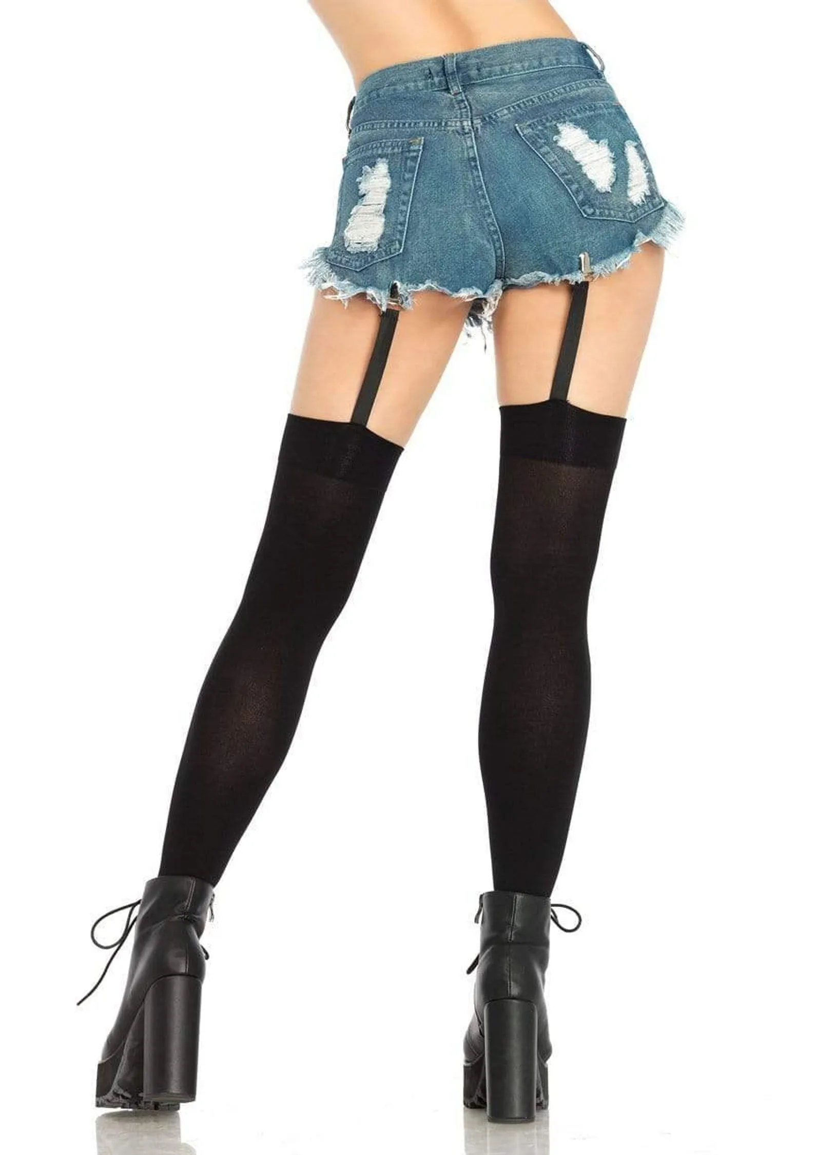 Clip Garter Thigh High Stockings in Black