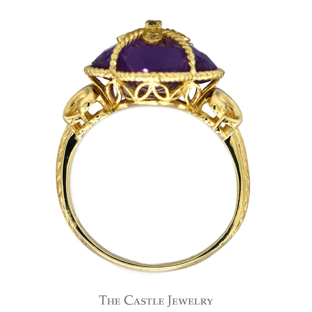 Clover Cut Amethyst Ring with Diamond Accents and Butterfly Designed Sides in 14k Yellow Gold