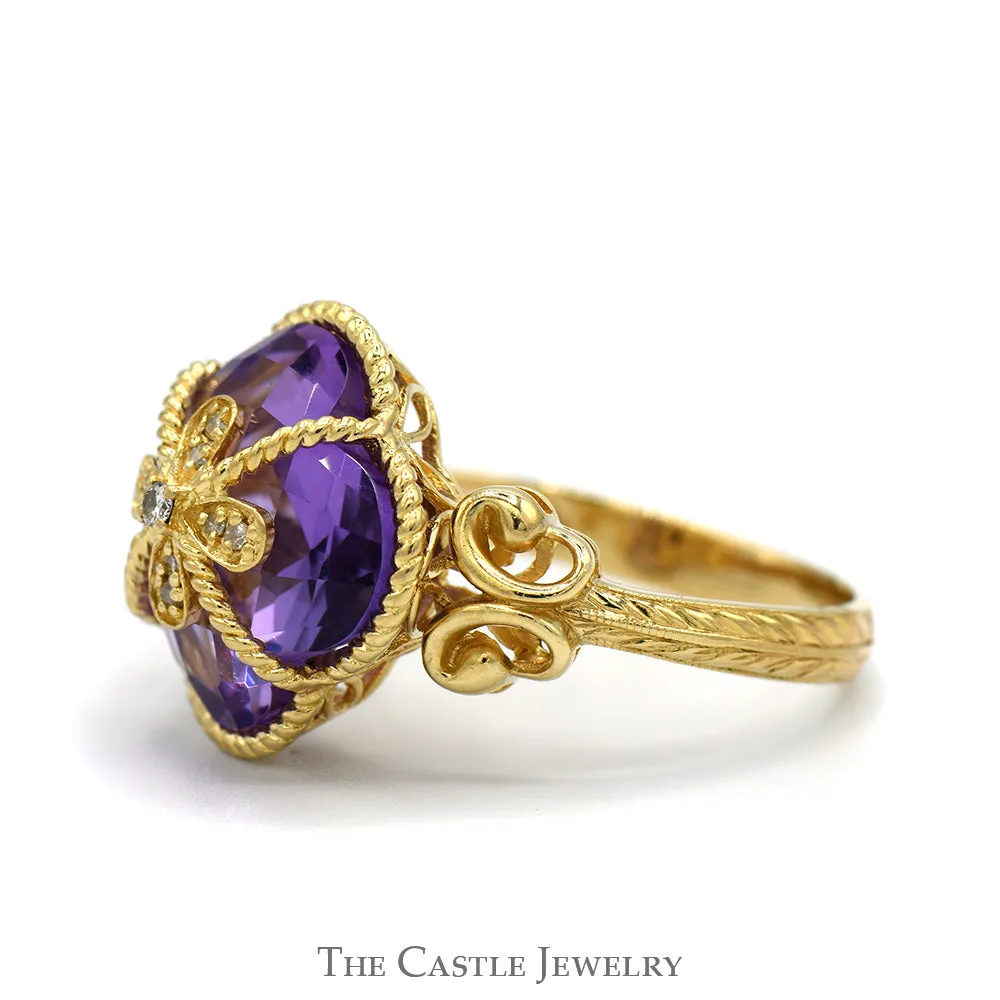 Clover Cut Amethyst Ring with Diamond Accents and Butterfly Designed Sides in 14k Yellow Gold