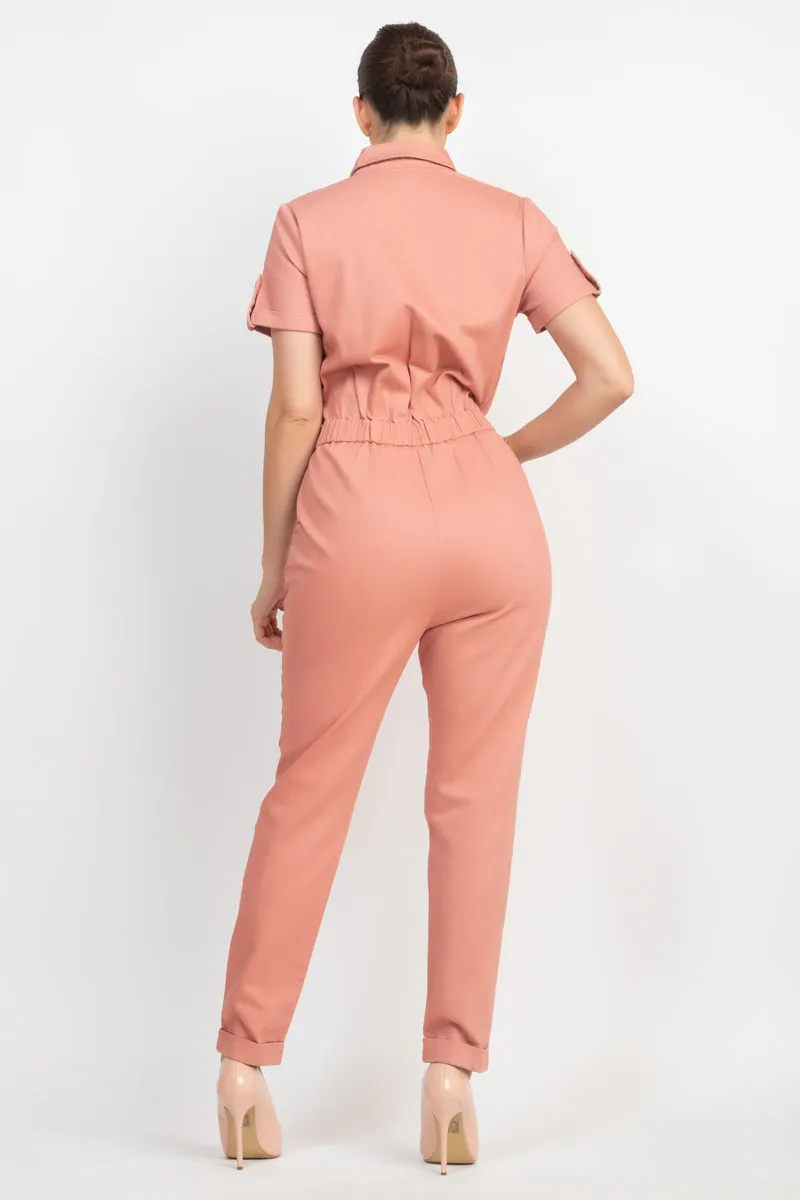 Collared Button-front Jumpsuit