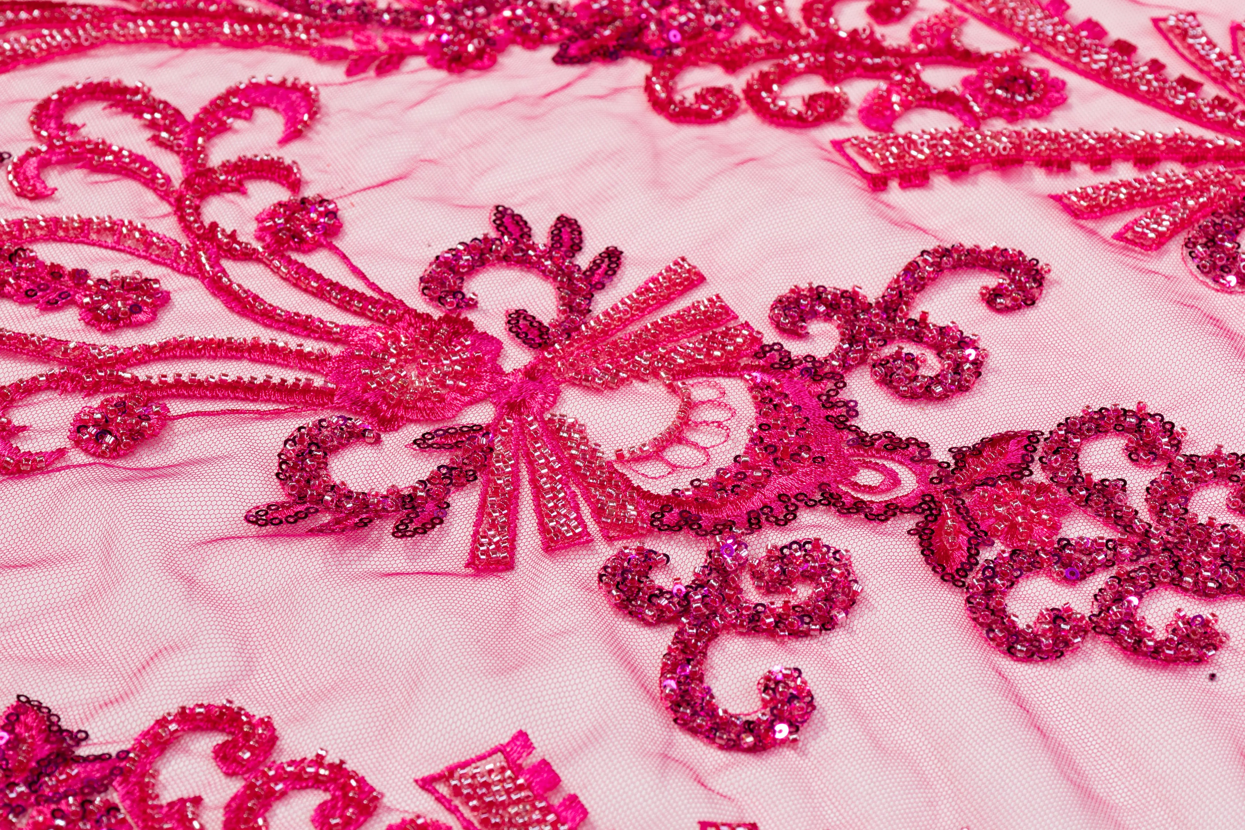 Damask Beaded and Embroidered Tulle - Fuchsia