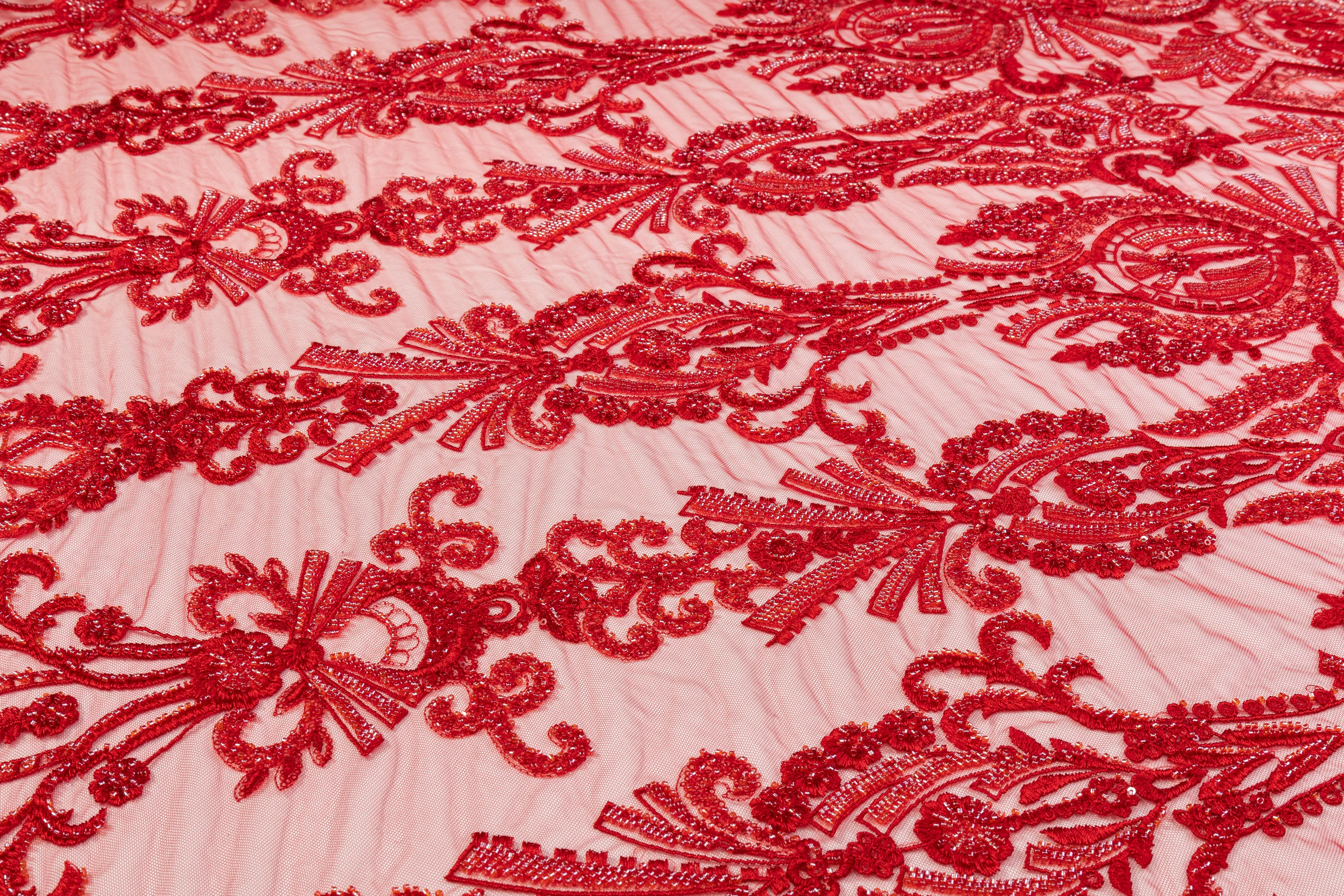 Damask Beaded and Embroidered Tulle - Red