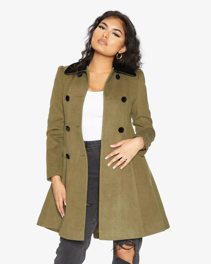 De La Creme Womens Double Breasted Velvet Trim Skater Coat