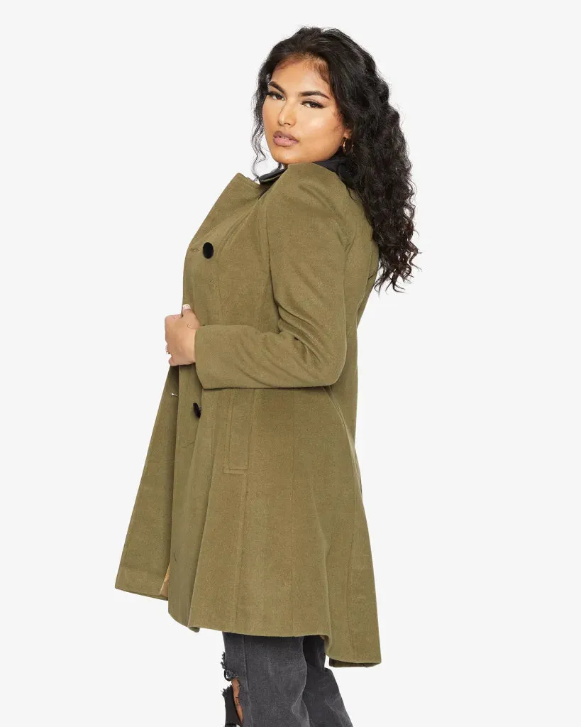 De La Creme Womens Double Breasted Velvet Trim Skater Coat