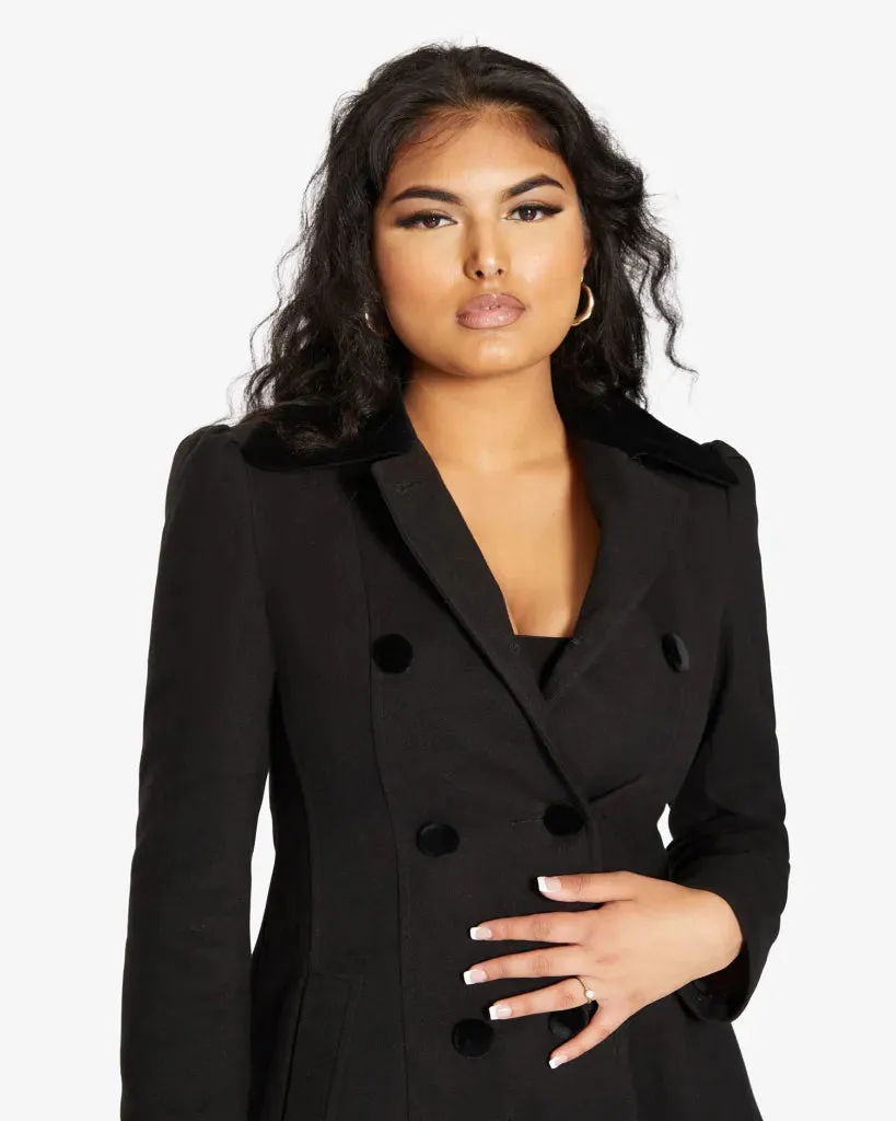 De La Creme Womens Double Breasted Velvet Trim Skater Coat