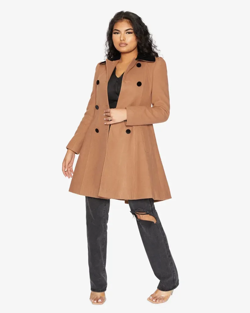 De La Creme Womens Double Breasted Velvet Trim Skater Coat