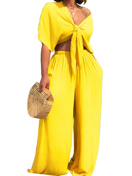 Deep V Neck Top  Wide Leg Trousers Two-piece Set HW5CRDS9CD