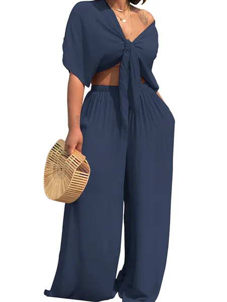 Deep V Neck Top  Wide Leg Trousers Two-piece Set HW5CRDS9CD