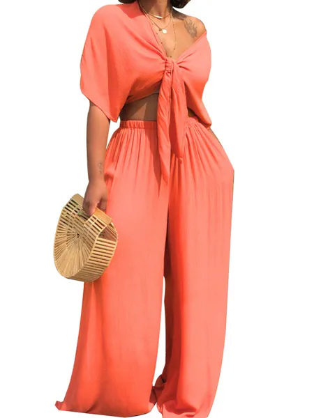 Deep V Neck Top  Wide Leg Trousers Two-piece Set HW5CRDS9CD