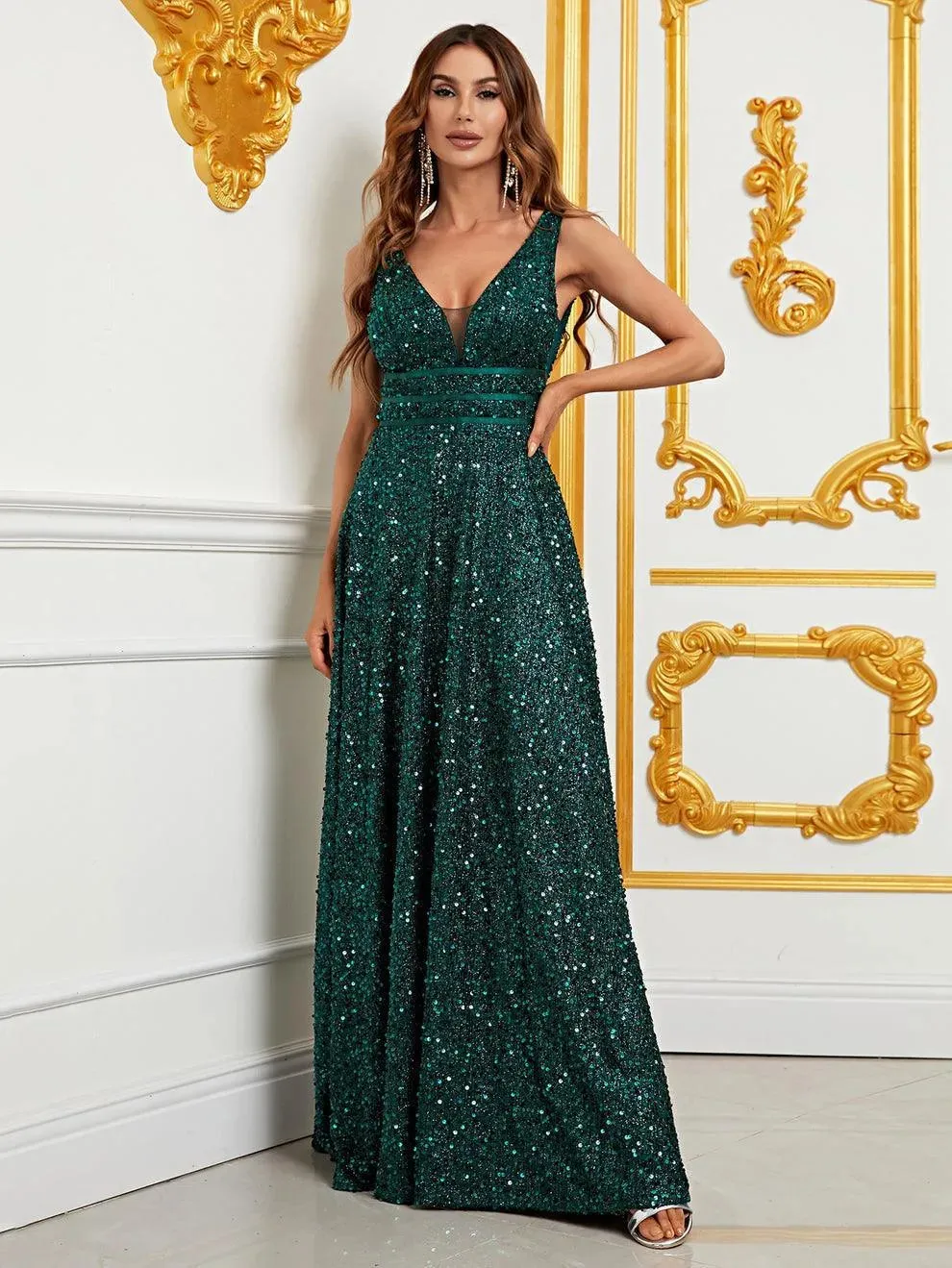 Elegant Deep V Neck Sequin A Line Prom Dresses