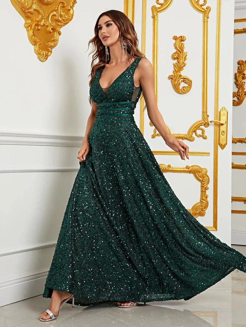 Elegant Deep V Neck Sequin A Line Prom Dresses