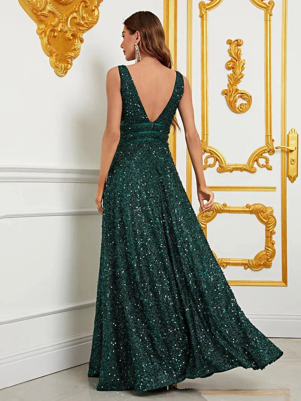 Elegant Deep V Neck Sequin A Line Prom Dresses