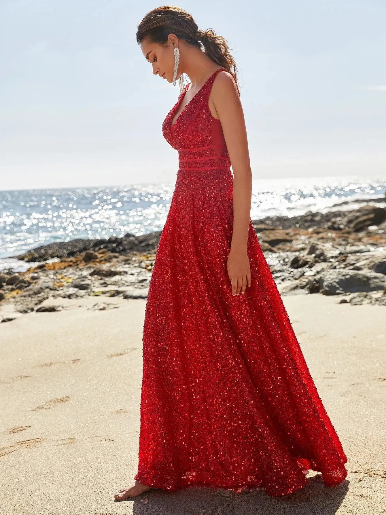 Elegant Deep V Neck Sequin A Line Prom Dresses