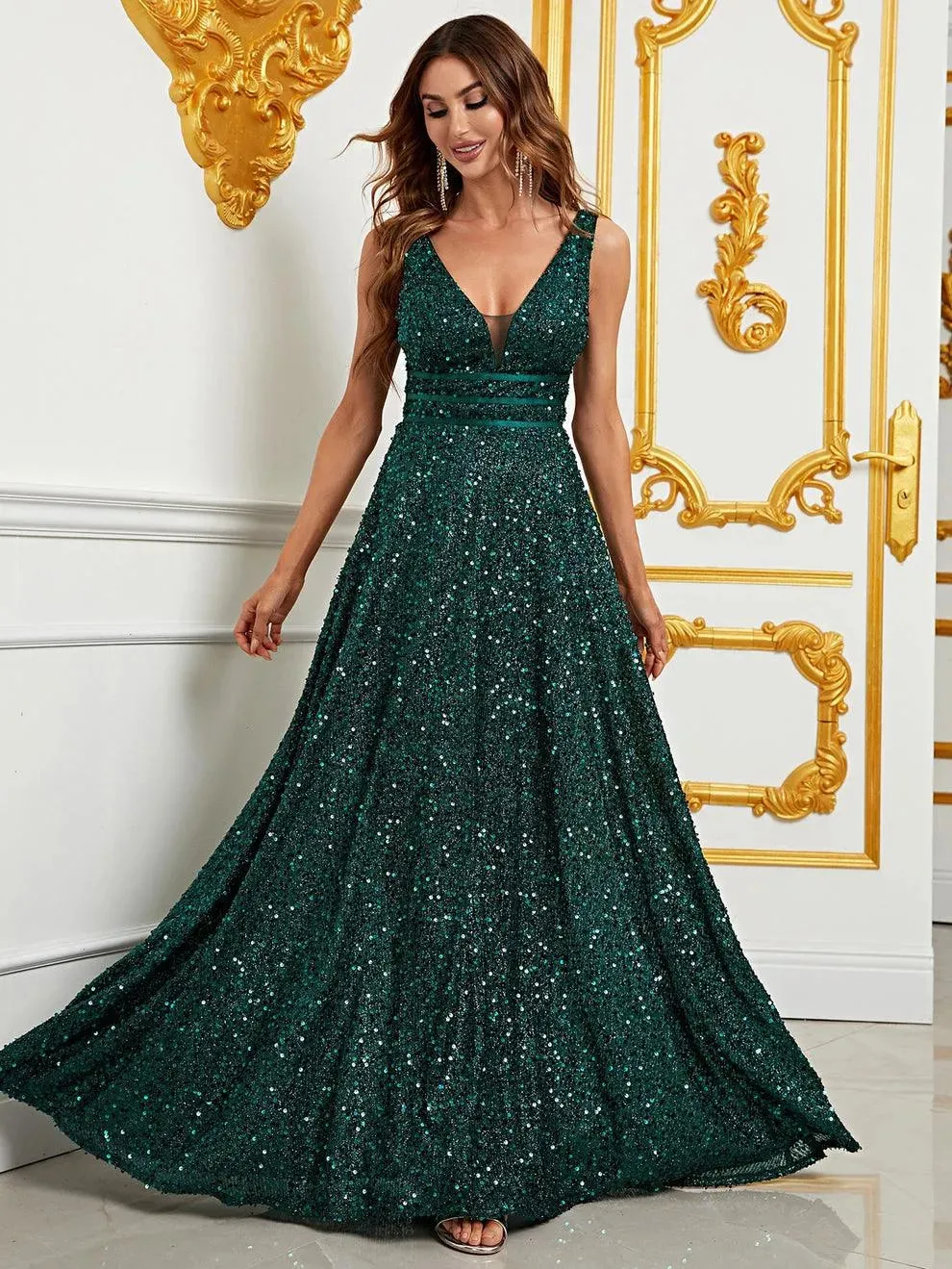 Elegant Deep V Neck Sequin A Line Prom Dresses